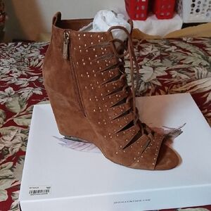 Jessica Simpson Tan Peep-Toe Lace-Up Booties